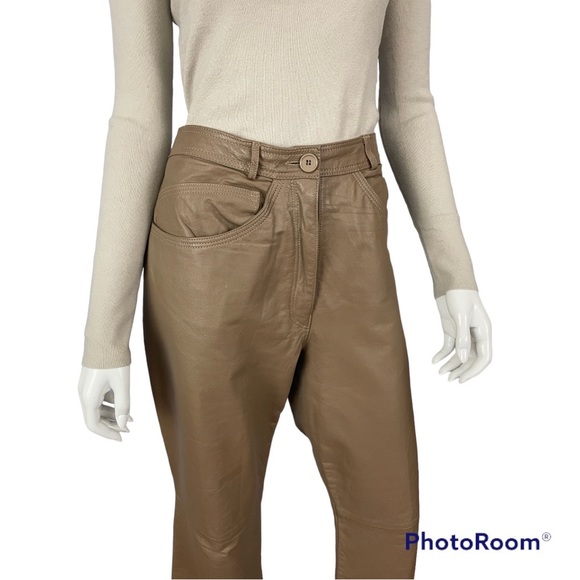 GENUINE LEATHER Flared Cropped Beige Tan Taupe Vintage 90s Pants JORDACH… - Picture 6 of 7